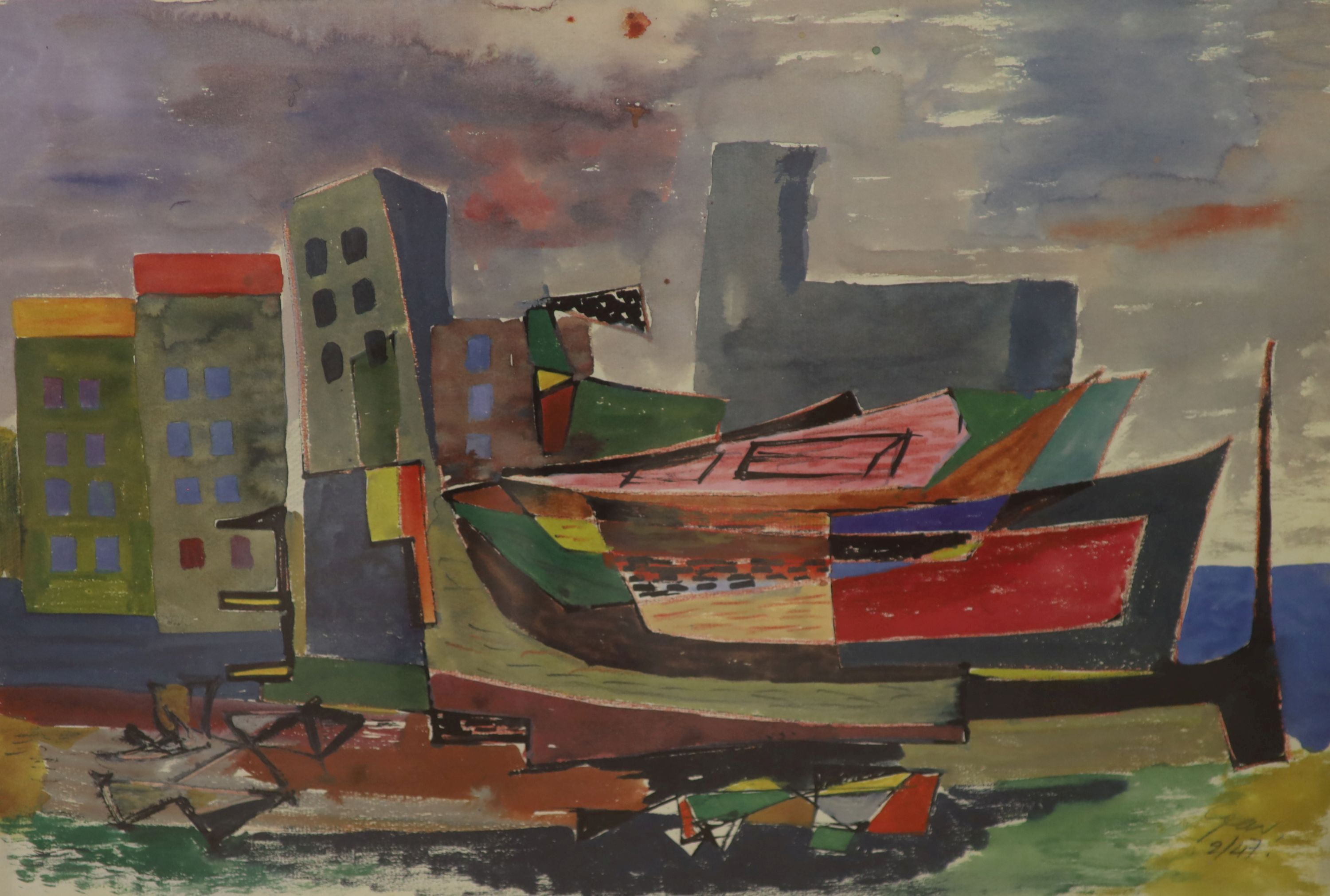 William Gear RA (1915-1997), offset lithograph in colours, Boats and Buildings, 1947, 29.5 x 44cm